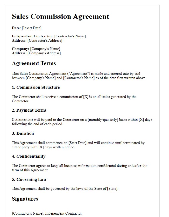 Letter template of Sales Commission Agreement for Independent Contractors