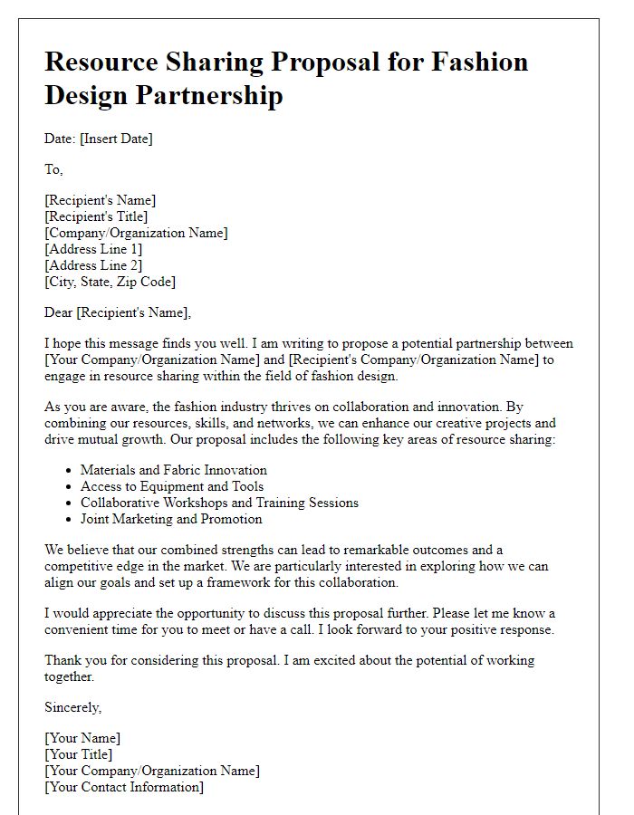 Letter template of resource sharing proposal for fashion design partnership