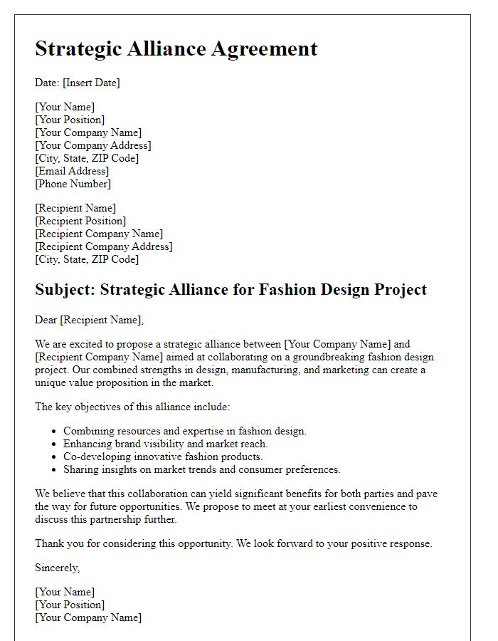 Letter template of strategic alliance for fashion design project