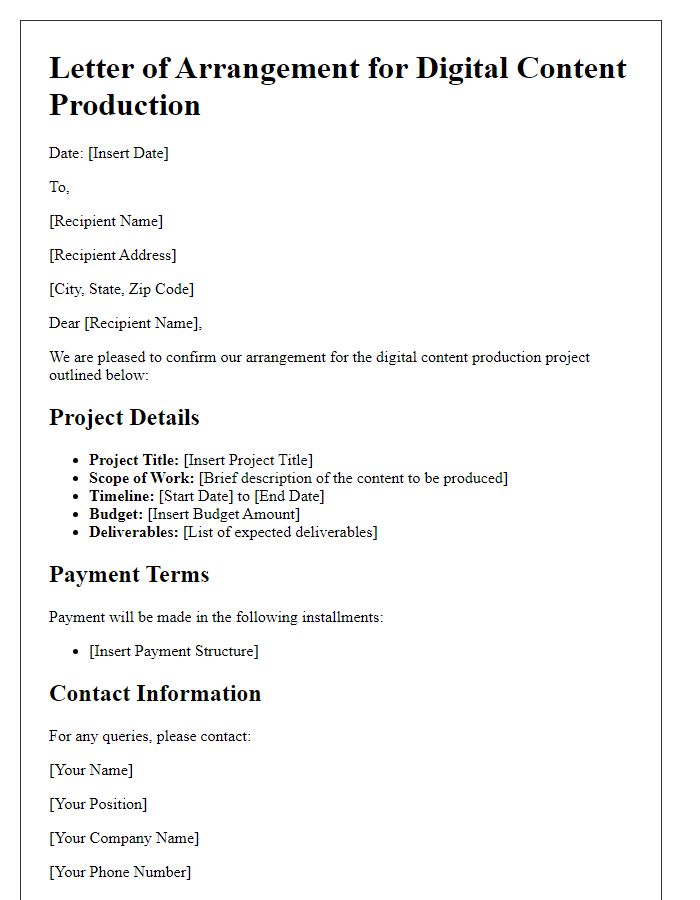 Letter template of arrangement for digital content production