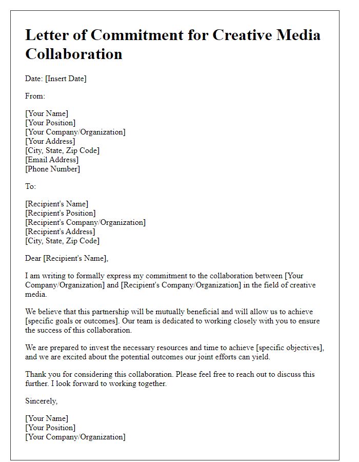 Letter template of commitment for creative media collaboration