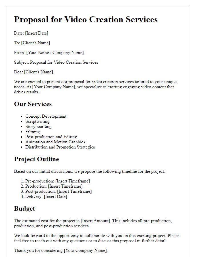 Letter template of proposal for video creation services