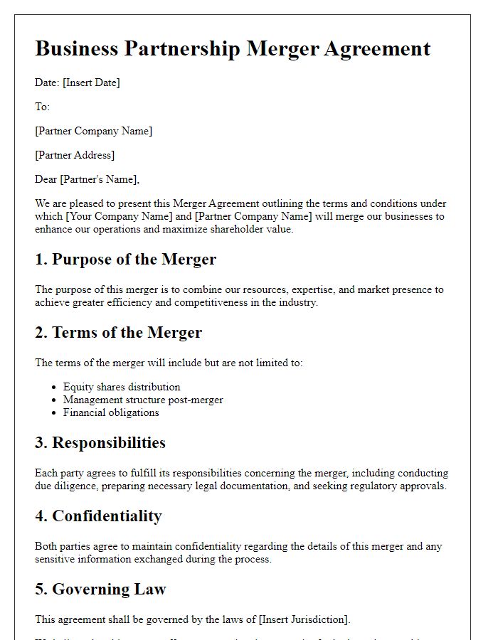 Letter template of business partnership merger agreement.