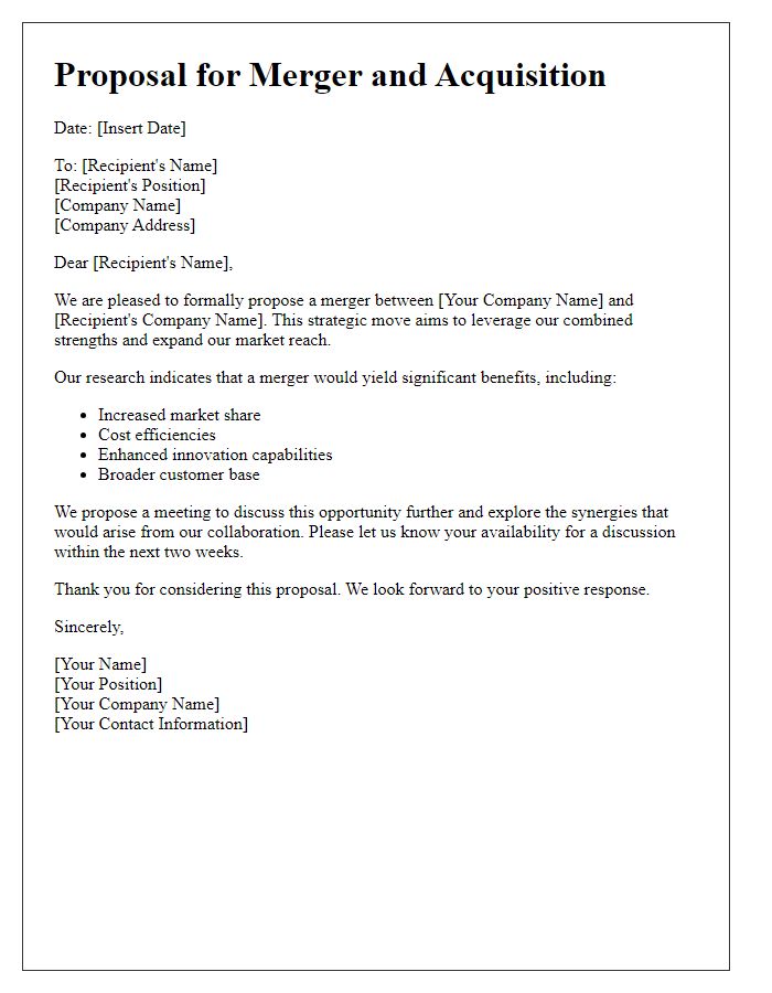 Letter template of corporate merger and acquisition proposal.