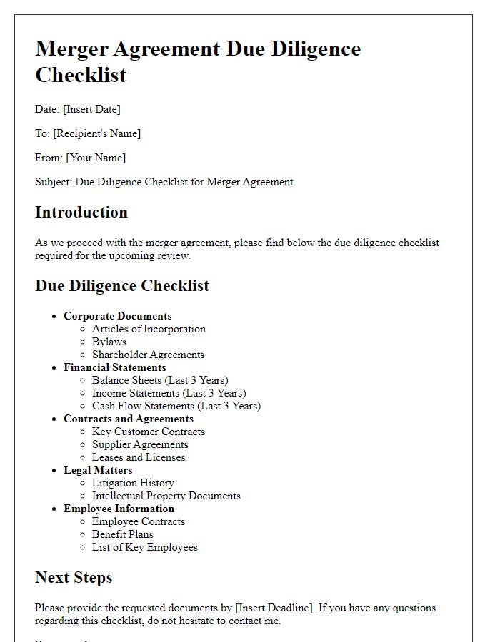 Letter template of merger agreement due diligence checklist.