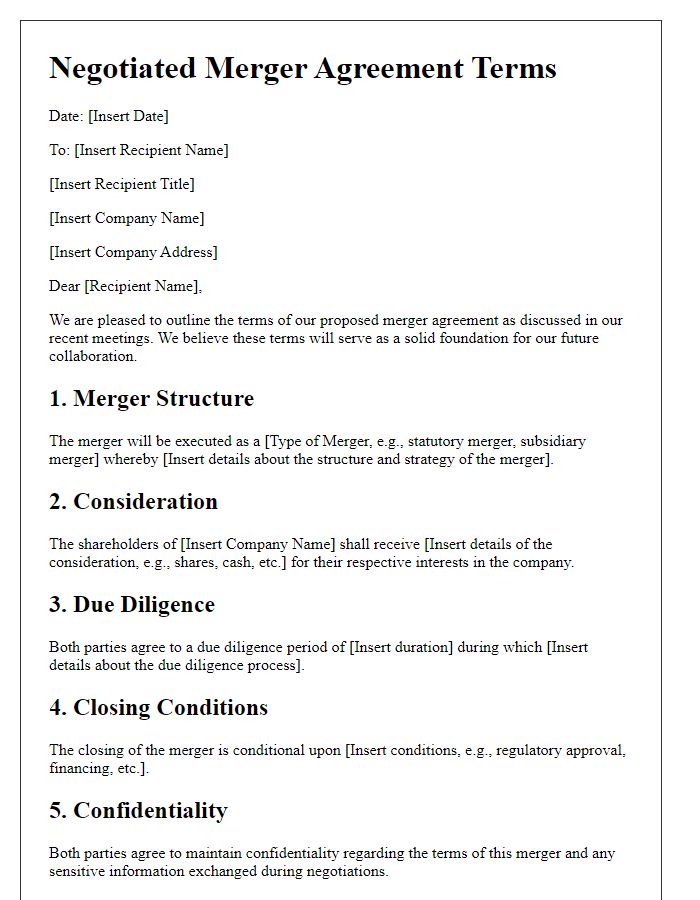 Letter template of negotiated merger agreement terms.