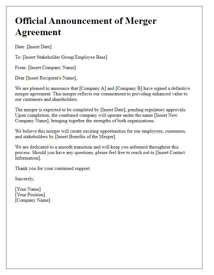 Letter template of official merger agreement announcement.