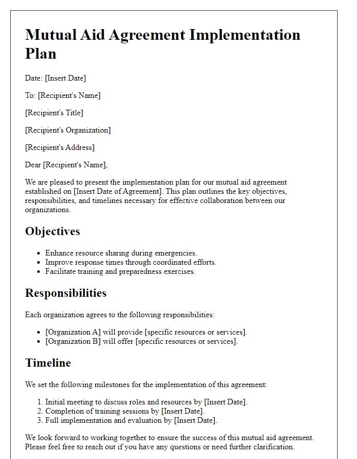 Letter template of mutual aid agreement implementation plan