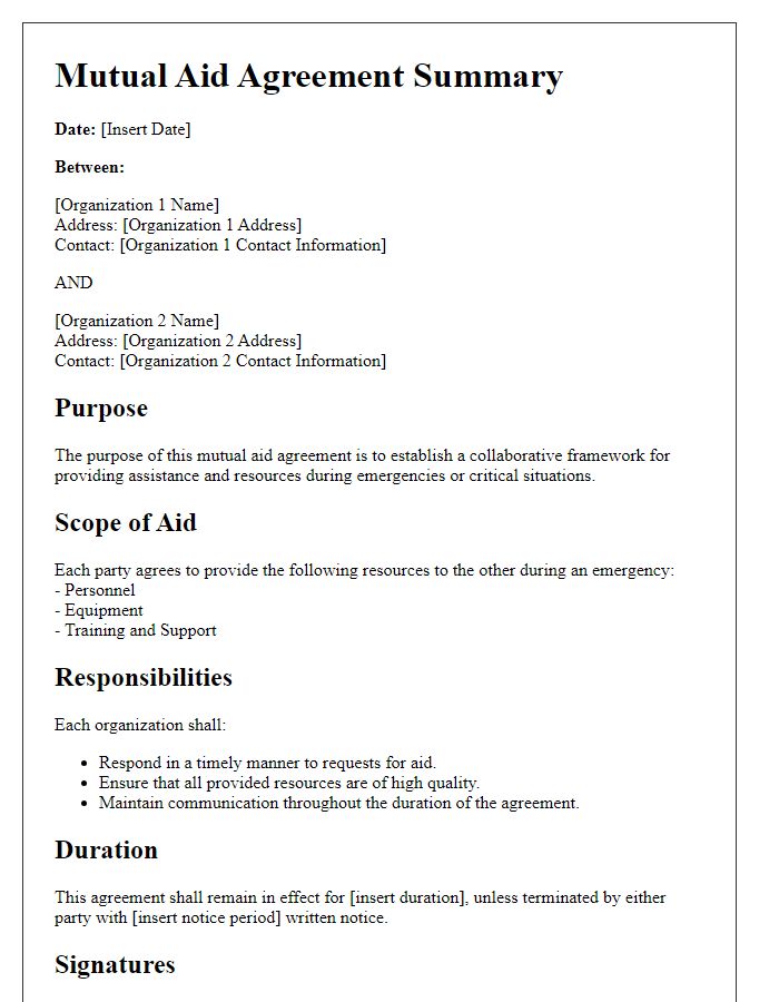 Letter template of mutual aid agreement summary