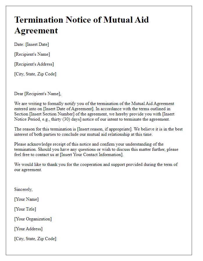 Letter template of mutual aid agreement termination notice