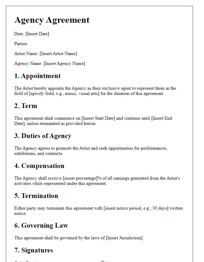 Letter template of Agency Agreement for Artists