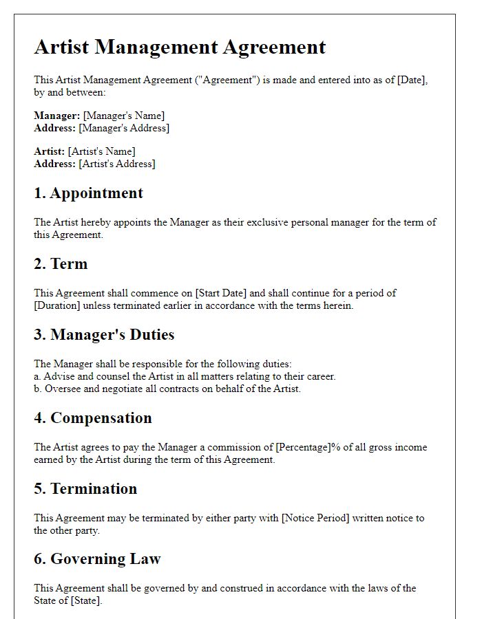 Letter template of Artist Management Agreement