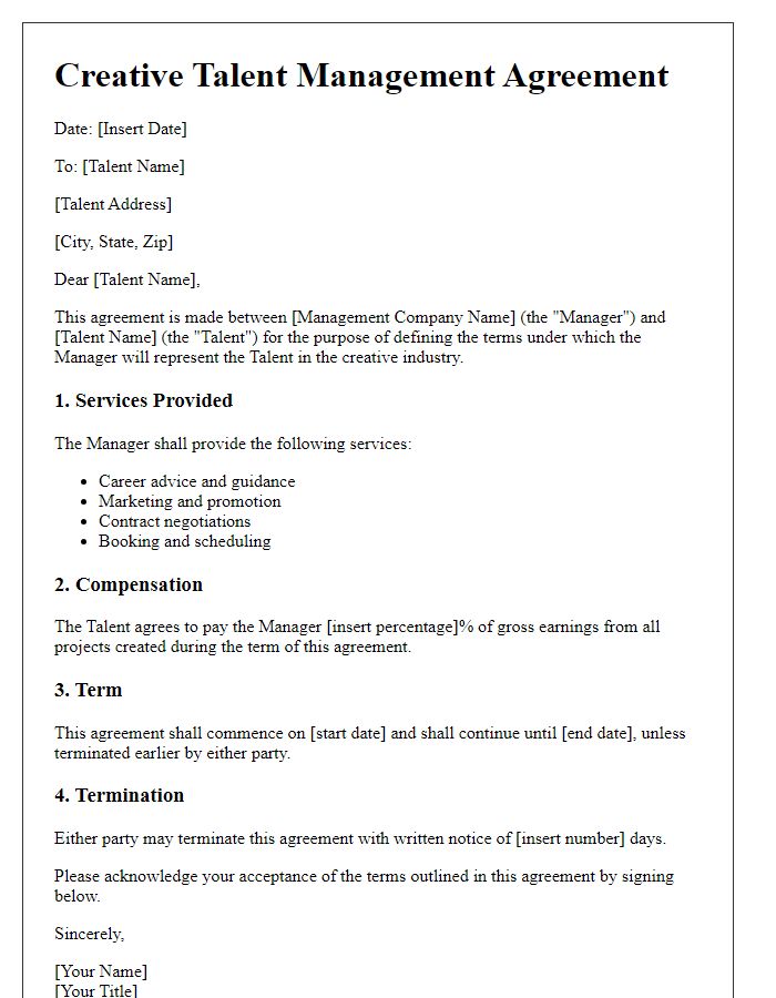 Letter template of Creative Talent Management Agreement