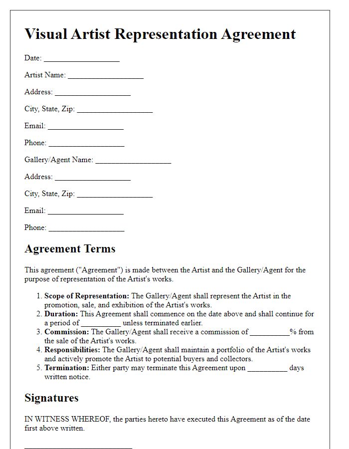 Letter template of Visual Artist Representation Agreement