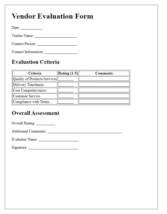 Letter template of vendor evaluation form