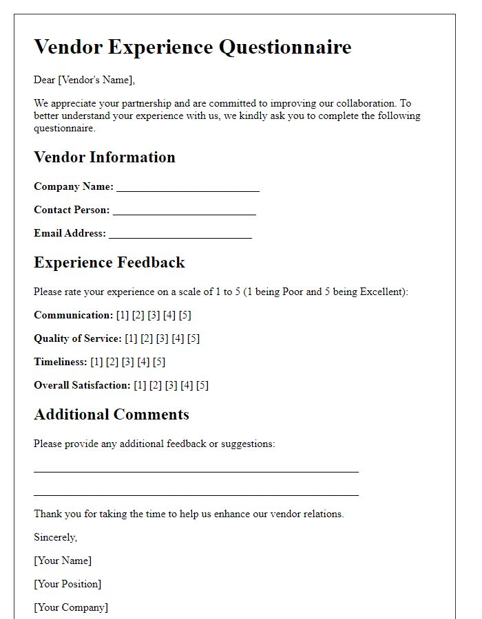 Letter template of vendor experience questionnaire