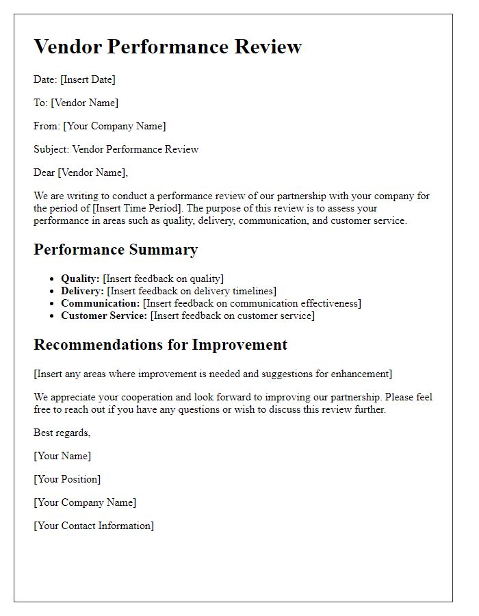 Letter template of vendor performance review