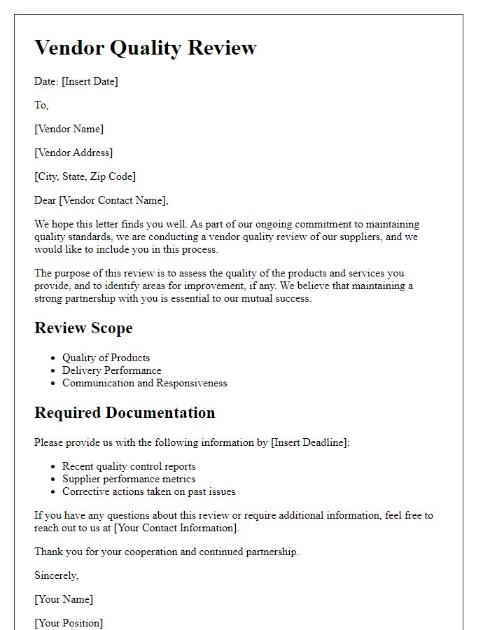 Letter template of vendor quality review