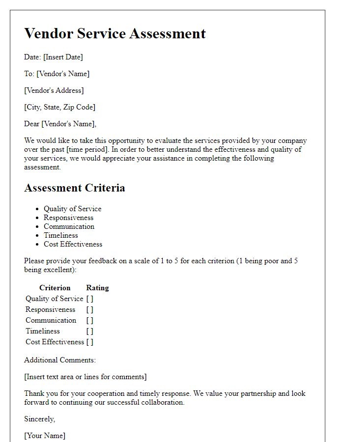 Letter template of vendor service assessment