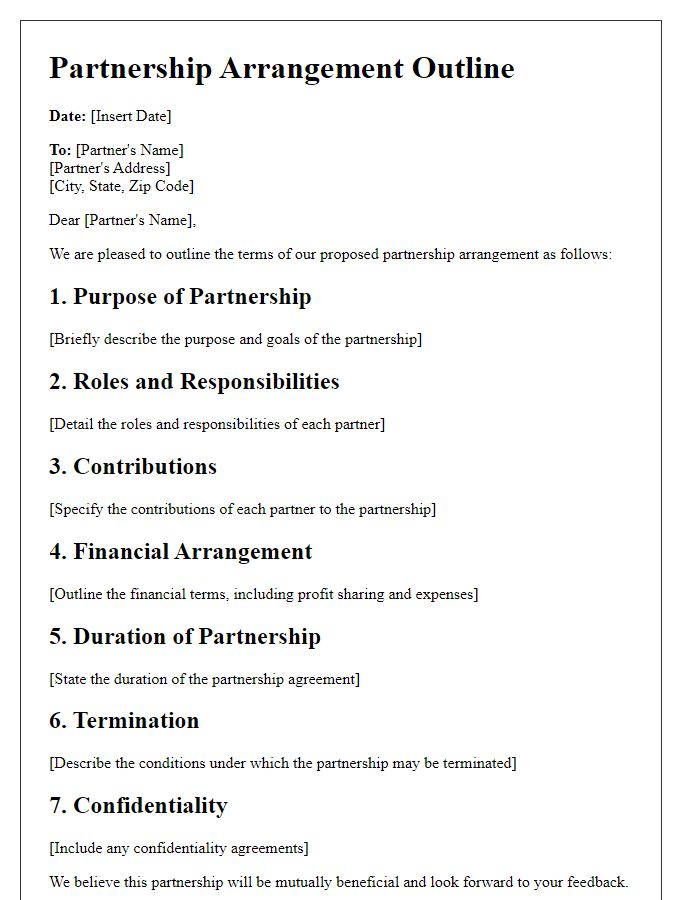 Letter template of partnership arrangement outline