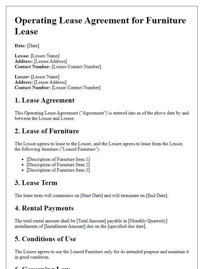 Letter template of operating lease agreement for furniture lease