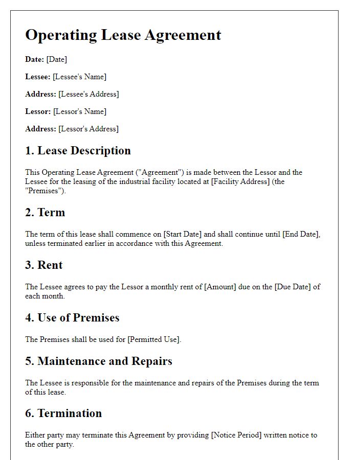 Letter template of operating lease agreement for industrial facilities