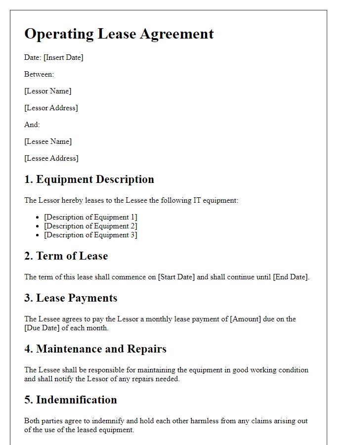 Letter template of operating lease agreement for IT equipment