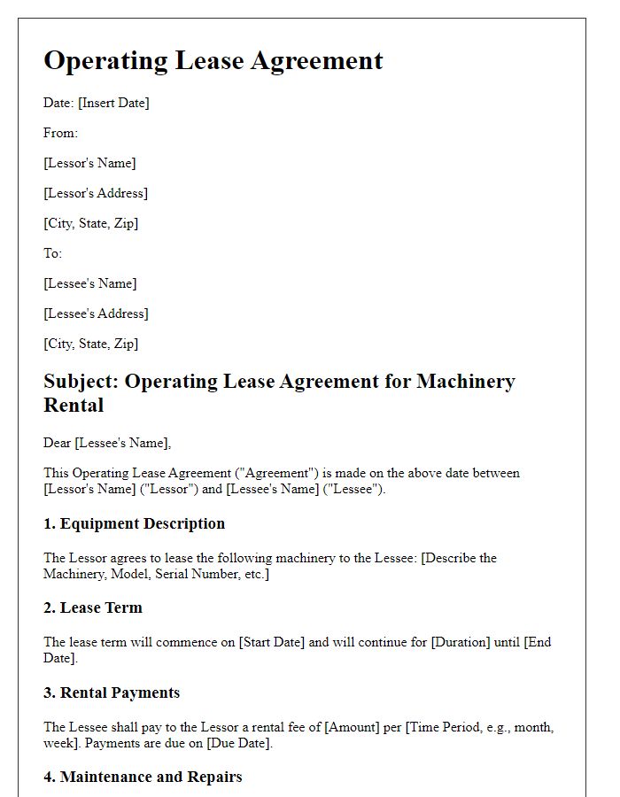 Letter template of operating lease agreement for machinery rental