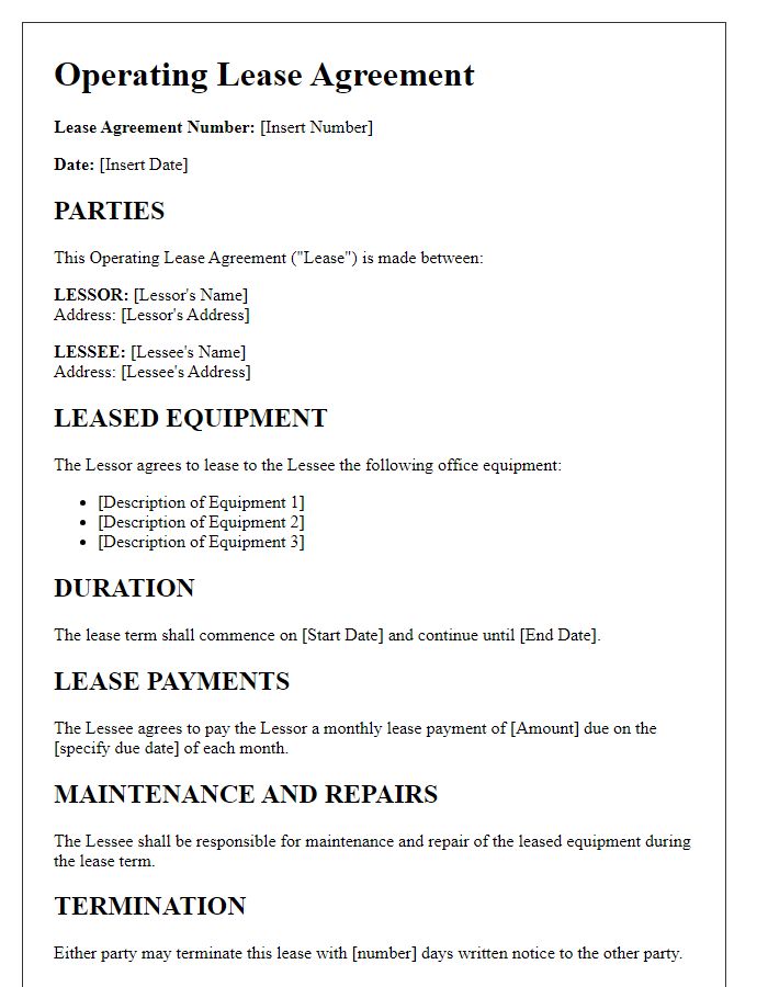 Letter template of operating lease agreement for office equipment