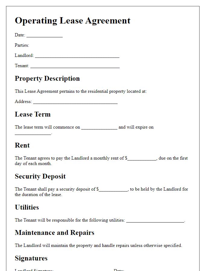 Letter template of operating lease agreement for residential property