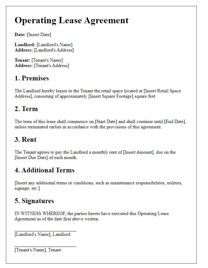 Letter template of operating lease agreement for retail space