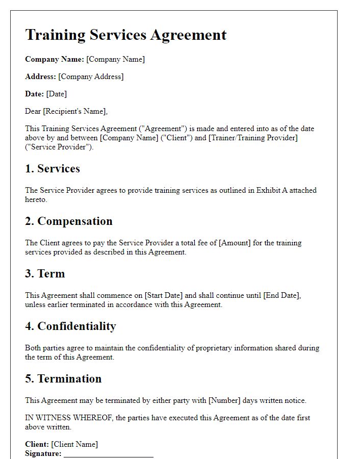 Letter template of training services agreement for corporate employees