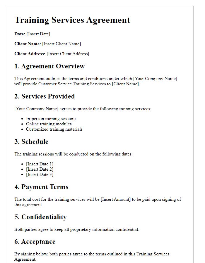 Letter template of training services agreement for customer service training