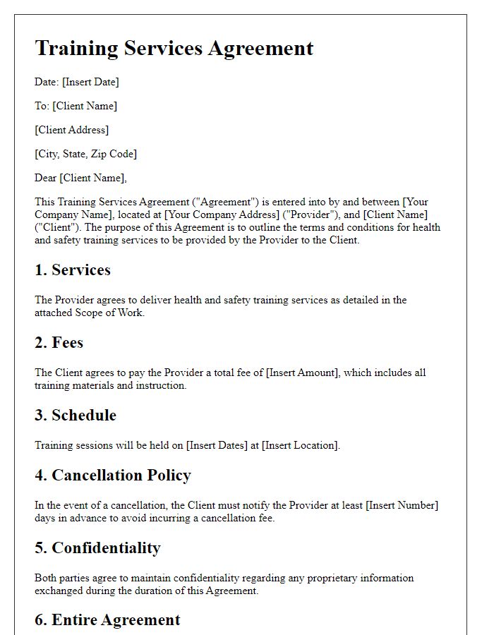 Letter template of training services agreement for health and safety training