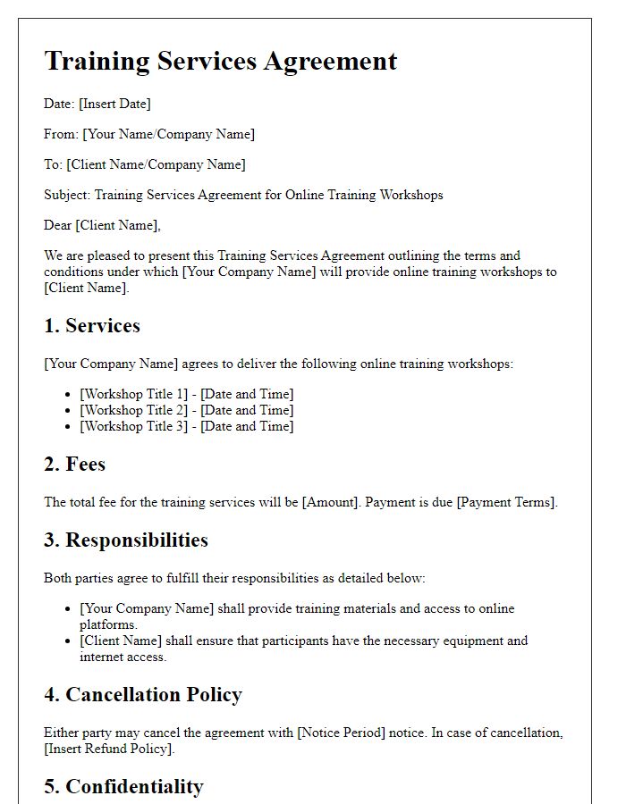 Letter template of training services agreement for online training workshops