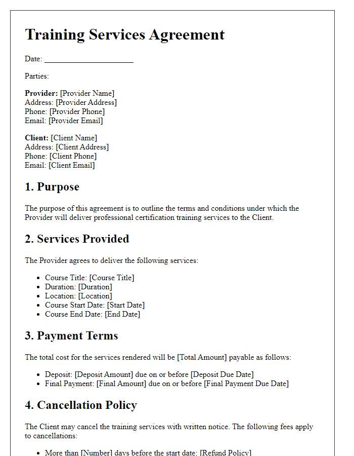 Letter template of training services agreement for professional certification courses