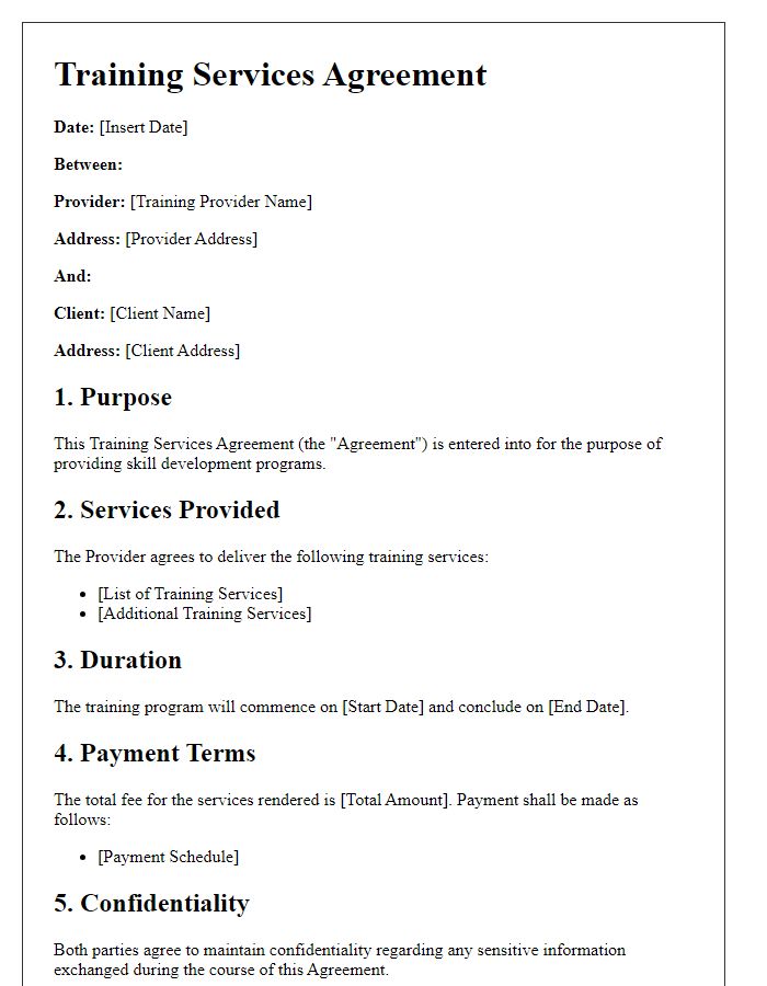 Letter template of training services agreement for skill development programs