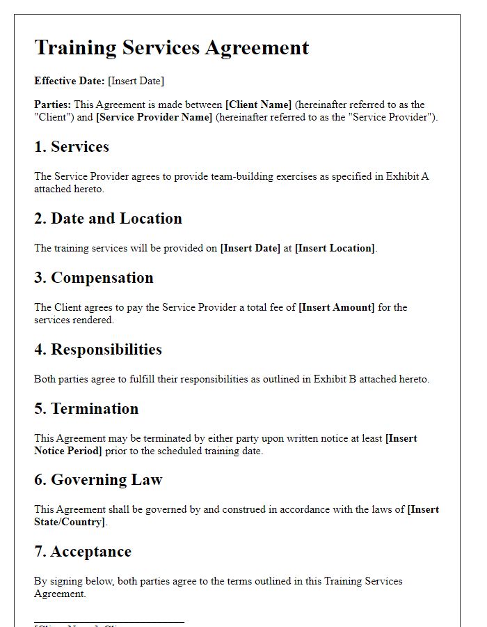 Letter template of training services agreement for team-building exercises