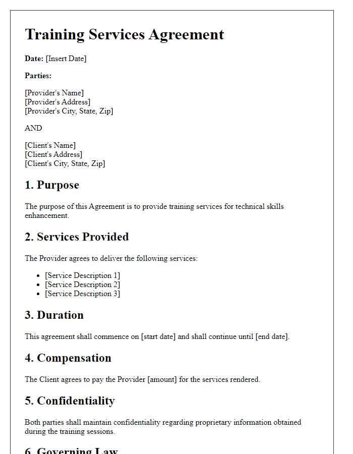 Letter template of training services agreement for technical skills enhancement