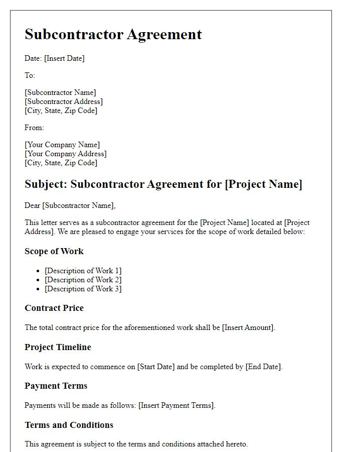 Letter template of subcontractor agreement for commercial building projects.