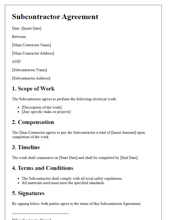 Letter template of subcontractor agreement for electrical work.