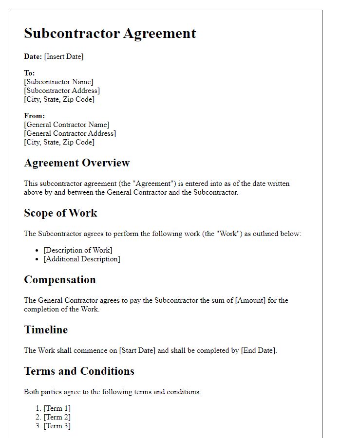 Letter template of subcontractor agreement for general contractor services.