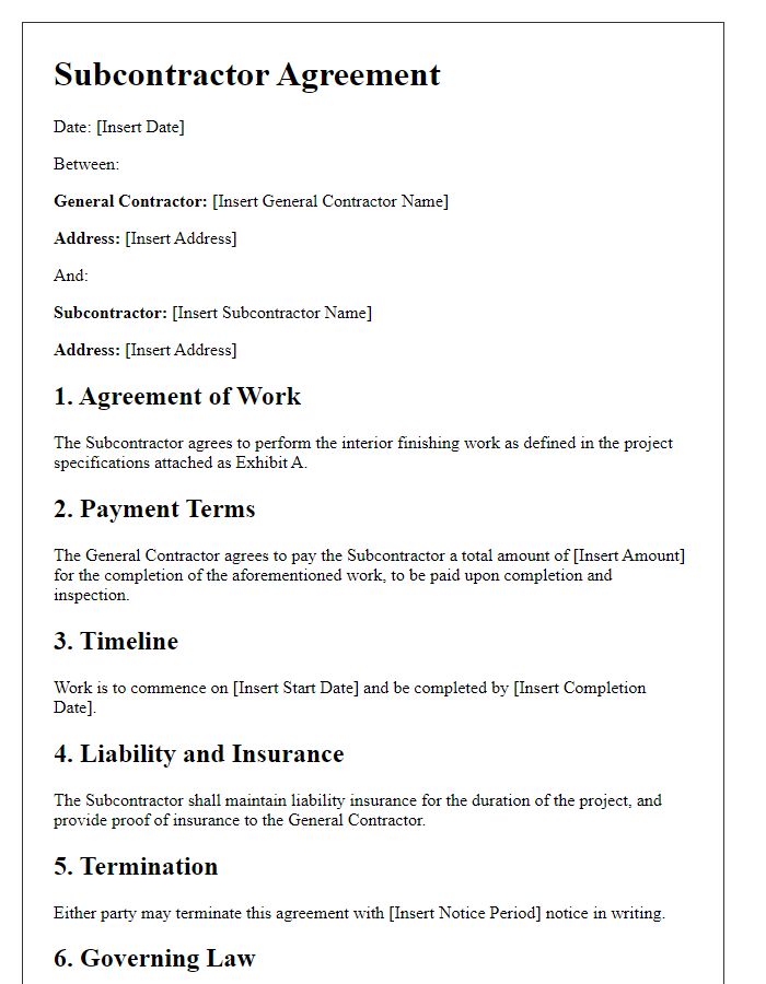 Letter template of subcontractor agreement for interior finishing.