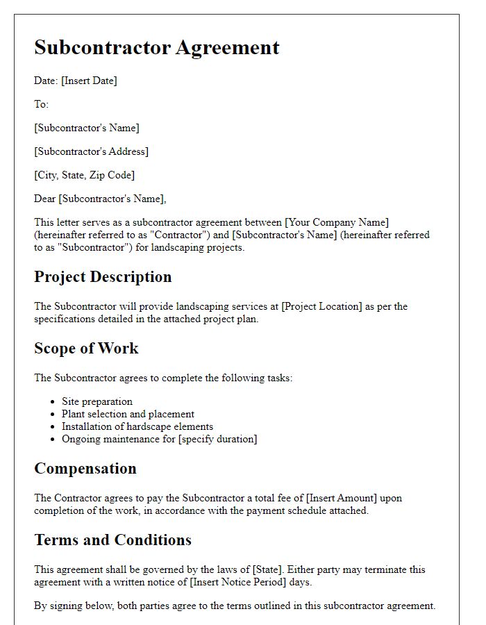 Letter template of subcontractor agreement for landscaping projects.