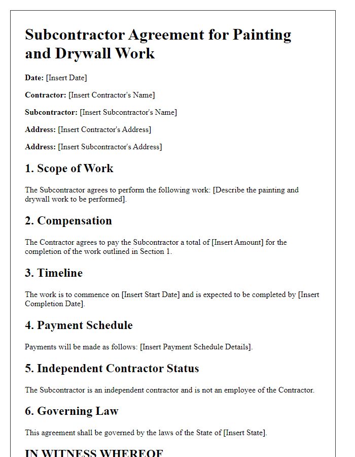 Letter template of subcontractor agreement for painting and drywall work.