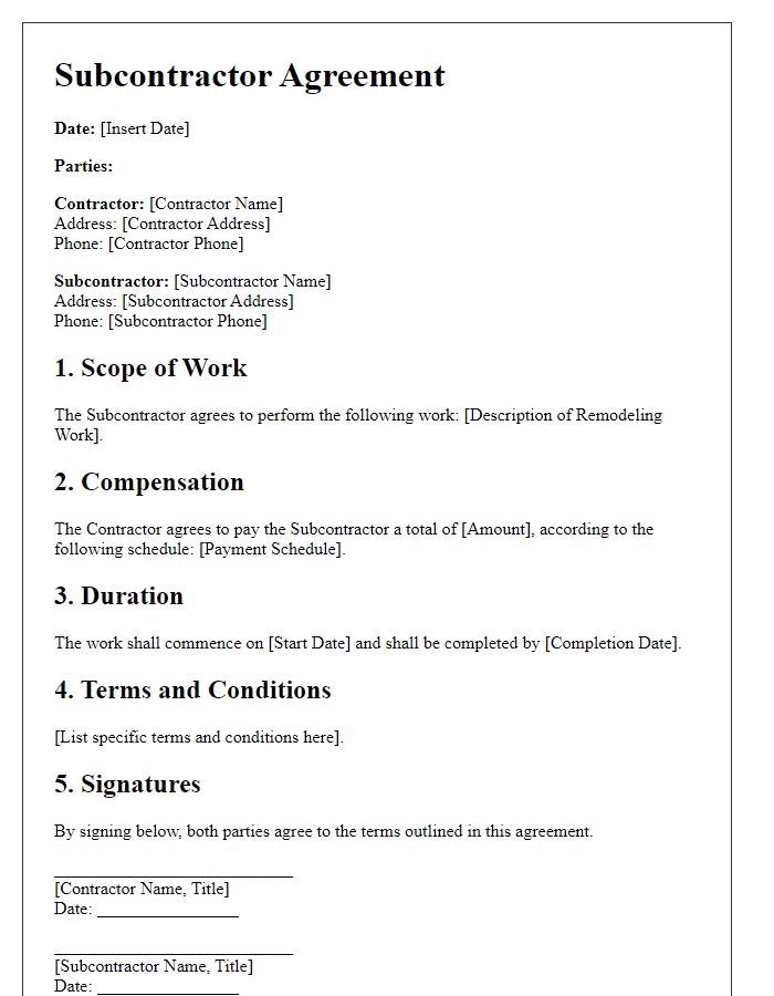 Letter template of subcontractor agreement for remodeling work.