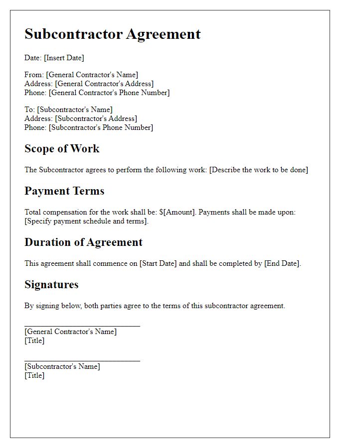 Letter template of subcontractor agreement for residential construction.