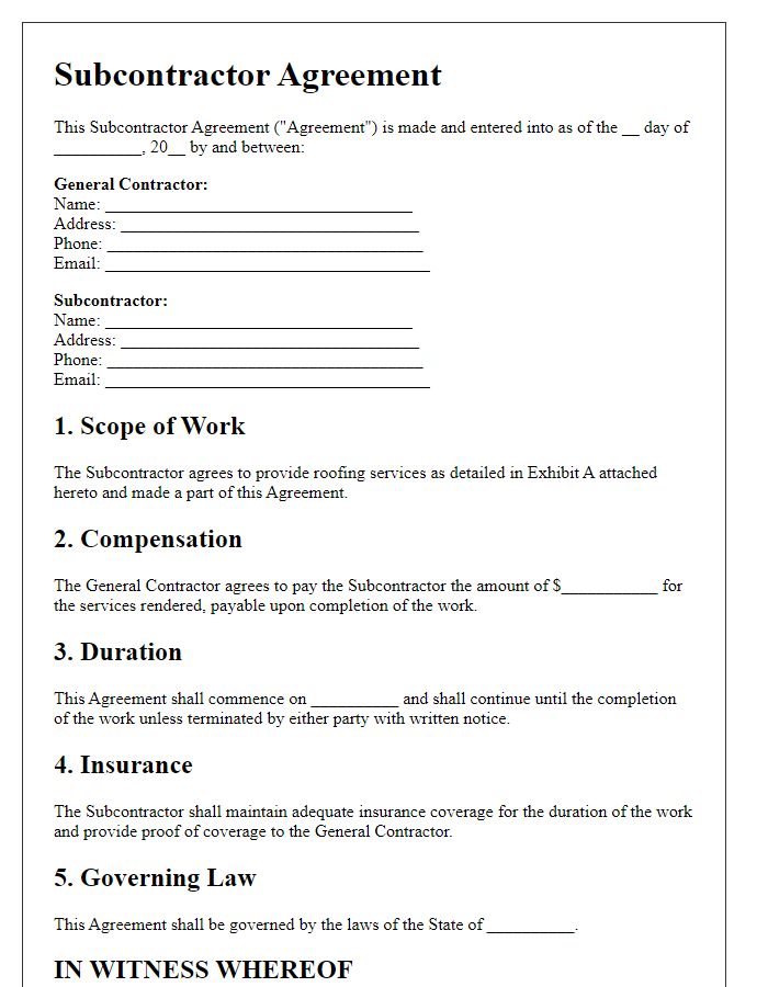 Letter template of subcontractor agreement for roofing services.