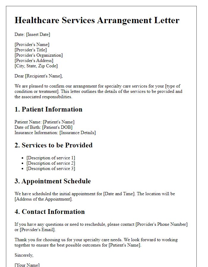 Letter template of healthcare services arrangement for specialty care