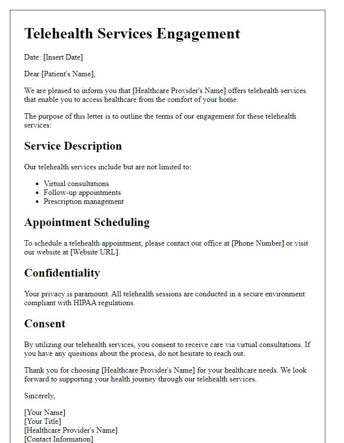 Letter template of healthcare services engagement for telehealth